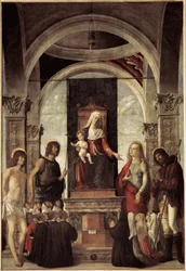 Hellig samtale, jomfru med barn omgitt av døperen Johannes, St. Sebastian, St. Roch, St. Maria Magdalena (olje på lerret, ca. 1487-1488)