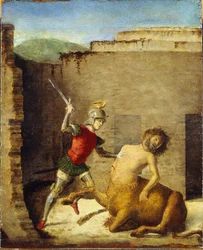Thesee terrassant le Minotaure (kentaurer) - Theseus som dreper minotaur - Cima da Conegliano, Giovanni Battista (ca. 1459-1517) - 1505 - Olje på tre - 87,4x73,5 - Museo Poldi Pezzoli, Milano