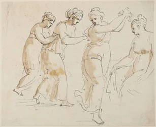 En sittende og tre dansende nymfer