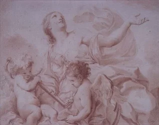 Figure of Hope, med to bevingede amoriner som holder et anker (tegning)