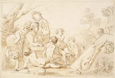 Leker putti med en sfinks