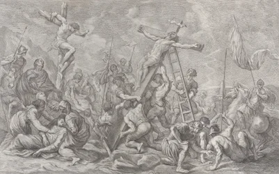 Korsfestelsen, med senking av korset i midten, soldater gjennom, og en tyv..., 1762.