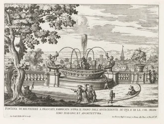 Fontein in de tuinen van de Villa Aldobrandini te Frascati Belvedere-fontenen i Frascati, bygget over gulvet til forgangen på denne siden (...) (tittel på objekt) Fontenene til Frascati-villaene (serietittel) Fonteinen van Frascati (serietittel)