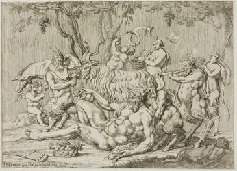 Silenus liggende med geiter og satyrer