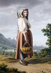 Bonde i bakgrunnen av Maddaloni, av Giovan Battista Lusieri (ca 1755-1821), akvarell på papir 32x23 cm, Italia