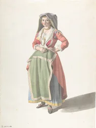 Ung kvinne som står i tradisjonell napolitansk kjole, ca. 1775-1821.