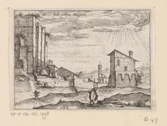 Ruinene av Palazzo Maggiore i Roma og bygninger i nærheten Sallo pallazo Maggiore (tittel på objekt) Utsikt over Roma (serietittel) Alcune vedute et prospettive di luoghi dishabitati di Roma (serietittel)