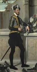 A Knight with his Jousting Helmet Ridderen med den sårede foten, grev Faustino Avogadro, ca 1554