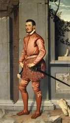 Portrett av Gian Gerolamo Grumelli, ridder i rosa, av Giovanni Battista Moroni (ca. 1525-1578), 216 x 123 cm