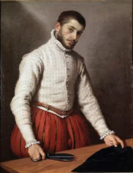 Portrait of Man eller “” The Tailor ”” Maleri av Giovan Battista Moroni (Giovanbattista, Giovanni Battista) (ca. 1529-1578) 1570 Mål 99,5x77 cm London, nasjonalgalleriet