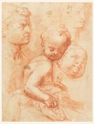Tegning, studie av manns-, kvinne- og barnehoder, sittende barn, ca. 1570