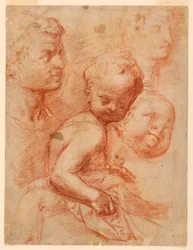 Tegning, studie av manns-, kvinne- og barnehoder, sittende barn, ca. 1570