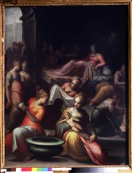 Fødselen til døperen Johannes (The Nativity of John the Baptist). Maleri av Giovanni Battista Naldini (1537-1591). Olje på lerret. Sol: 89x74cm. Florentinsk manerisme kunst. Pushkin-museet, Moskva.