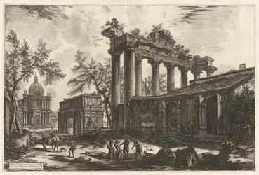 Altra Veduta degli avanzi del Pronao del Tempio del Concordia (En annen utsikt over restene av Pronaos av Temple of Concord [Saturn-tempelet med Septimius Severus-buen i venstre bakgrunn]), fra Vedute di Roma (Utsikt over Roma)