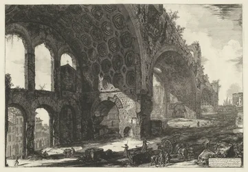 Basilica van Maxentius te Roma Utsikt over restene av Tablino av Neros gyldne hus, ofte kjent som Fredens tempel (tittel på objekt) Gezichten op Roma (serietittel) Utsikt over Roma designet og gravert av Giambattista Piranesi-arkitekten Ve