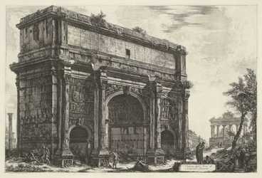 Boog van Septimius Severus i Roma Utsikt over buen til Septimius Severus (tittel på objekt) Gezichten op Roma (serietittel) Utsikt over Roma designet og gravert av Giambattista Piranesi-arkitekten Ve (nez) iano (serietittel)