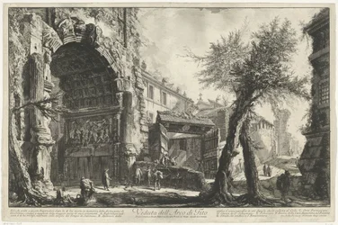 Boog van Titus i Roma Utsikt over Titusbuen (tittel på objekt) Gezichten op Roma (serietittel) Utsikt over Roma designet og gravert av Giambattista Piranesi-arkitekten Ve (nez) iano (serietittel)