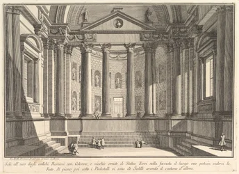 Søylehall etter de gamle romernes skikk, og nisjer utsmykket med..., ca. 1750.