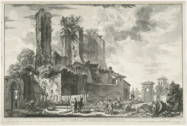 Fontana dell'Acqua Giulia te Rome Utsikt over restene av slottet, som tar en del av Acqua Giuli (...) (tittel på objekt) Gezichten op Roma (serietittel) Utsikt over Roma tegnet og gravert av Giambattista Piranesi-arkitekten Ve (nez)ian (s