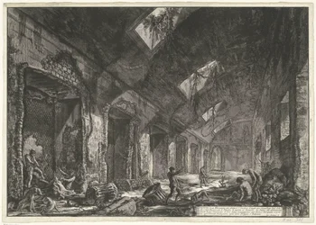 Interieur van de Heliocaminus Baden i de Villa Adriana t og Tivoli Utsikt over en Helio-peis å leve om vinteren, som ble varmet opp av solen, som ble introdusert gjennom vinduene (tittel på objekt) Gezichten op Roma (serietittel) Utsikt over Roma diseg