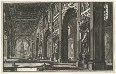 Interieur van de Sint-Jan van Lateranen te Roma Innvendig utsikt over basilikaen S. Giovanni Laterano (tittel på objekt) Gezichten op Roma (serietittel) Utsikt over Roma designet og gravert av Giambattista Piranesi-arkitekten Ve (nez) iano (serietittel)