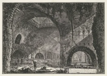 Interieur van de Tempel van Hercules Victor t og Tivoli En annen intern utsikt over Villa di Mecenate i Tivoli (tittel på objekt) Gezichten op Roma (serietittel) Utsikt over Roma designet og gravert av Giambattista Piranesi-arkitekten Ve (nez) iano (serie 
