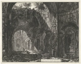 Interieur van de Tempel van de god Canopus i de Villa Adriana t og Tivoli Interiør i Canopus-tempelet i Villa Adriana (tittel på objekt) Gezichten op Roma (serietittel) Utsikt over Roma designet og gravert av Giambattista Piranesi-arkitekten Ve (ne