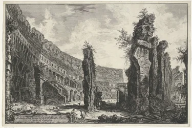 Interieur av Colosseum te Roma Utsikt over det indre av Flavian Amphitheatre kjent som Colosseum (tittel på objekt) Gezichten op Roma (serietittel) Utsikt over Roma designet og gravert av Giambattista Piranesi-arkitekten Ve (nez) iano (serietittel)