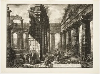 Innvendig visning av restene av en av pronaoiene til Temple of Neptun som vender mot innlandet, fra forskjellige utsikter over Paestum