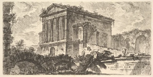 Tavle 26: Clitumnus-tempelet mellom Foligno og Spoleto, fra «Noen utsikter over triumfbuer og andre monumenter oppført av romerne, hvorav noen kan ses i Roma og andre i Italia»