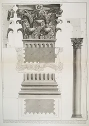 Plate LXXXIV-V Demonstrasjon i stor skala av en del av Portico of the Pantheon fra 'Vedute', først utgitt i 1756, pub. av E und FN Spon Ltd., 1900