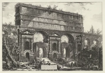 Porta Maggiore i Roma Utsikt over monumentet reist av keiser Titus Vespasian (...) (tittel på objekt) Gezichten op Roma (serietittel) Utsikt over Roma designet og gravert av Giambattista Piranesi-arkitekten Ve (nez) iano (serietittel)