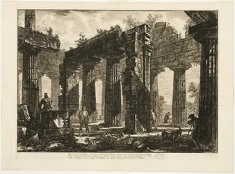Sett bakfra av restene av pronaos av Temple of Neptun, tegnet i de to foregående platene, fra forskjellige utsikter over Paestum