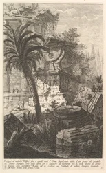 Rester av gamle bygningsverk, blant annet står gravurnen til Marcus Agrippa ma..., ca. 1750.