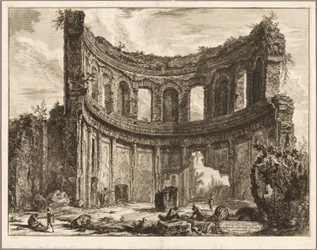 Rester av det såkalte Apollontempelet i Hadrians villa, Tivoli, fra utsikt over Roma