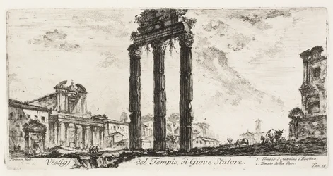 Ruinene av Temple of Jupiter Stator [Jupiter the Supporter]. 1. Antoninus og Faustinas tempel. 2. Fredens tempel, plate 10 fra noen utsikter over triumfbuer og andre monumenter