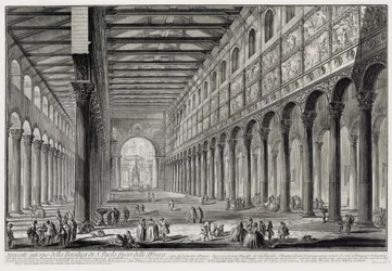 Snitt gjennom interiøret i basilikaen San Paolo fuori le Mura (fra: Vedute di Roma)