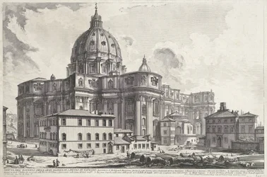 Sint-Pietersbasiliek vanaf Sakristiets plass Utsikt over utsiden av den store Peterskirken i Vatikanet (tittel på objekt) Gezichten op Roma (serietittel) Utsikt over Roma designet og gravert av Giambattista Piranesi-arkitekten Ve (nez) iano (ser)