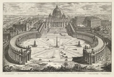 Sint-Pietersplein med de Sint-Pietersbasiliek te Vaticaanstad Utsikt over den berømte Vatikanbasilikaen med sin store portiko og tilstøtende Piazza (tittel på objektet) Gezichten op Roma (serietittel) Utsikt over Roma designet og gravert av Giambattista Pi