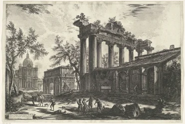 Tempel van Saturnus te Roma En annen utsikt over restene av Pronaos av Temple of Concordia (tittel på objekt) Gezichten op Roma (serietittel) Utsikt over Roma designet og gravert av Giambattista Piranesi-arkitekten Ve (nez) iano (serietittel)