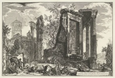 Tempel van Vesta en de Tempel van de Tiburtijnse Sibille i Tivoli En annen utsikt over Sibyllens tempel i Tivoli (tittel på objekt) Gezichten op Roma (serietittel) Utsikt over Roma designet og gravert av Giambattista Piranesi-arkitekten Ve (nez) iano (ser)