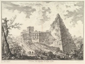 Pyramiden til Caius Cestius, med Porta S. Paolo og den tilstøtende veien Veduta del S..., ca. 1755.