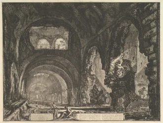 Den såkalte Villa of Maecenas i Tivoli. Interiør med to figurer i åpningen av..., ca. 1764.