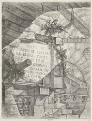 Titteltrykk med ansikt i fangehull og tittel på vegg Dungeons (serietittel) Invenzioni Capric di Carceri all Acqua Forte (serietittel på objekt)