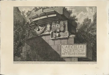 Tombe van Caecilia Metella te Roma En del av fasaden til graven til Cecilia Metella med ornamentene, som eksisterer i dag (tittel på objekt) Archeologische vondsten in en rond Roma (serietittel) Romerske antikviteter (serietittel)