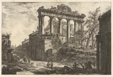Veduta del Tempio detto della Concordia (Utsikt over det såkalte Concord-tempelet [Saturn-tempelet med buen til Septimius Severus i høyre forgrunn]), fra Vedute di Roma (Utsikt over Roma)