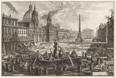 Utsikt over Piazza Navona over ruinene av Circus Agonalis [Domitians sirkus], fra Vedute di Roma (Utsikter over Roma)
