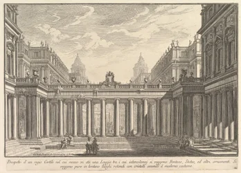 Utsikt over en gårdsplass med en loggia, fontener, statuer og andre ornamenter Prospetto ..., ca. 1750.