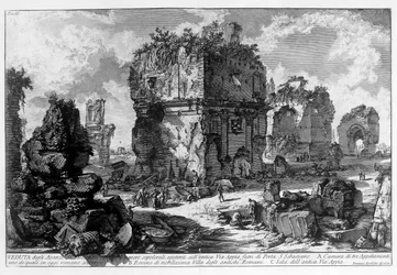 Utsikt over en grav på Via Appia i Roma. Tegning av Giovanni Piranesi (kjent som Piranese) (1720-1778). 1756