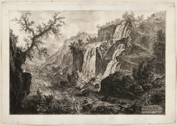 Utsikt over den lille fossen og strykene, Tivoli, fra utsikt over Roma